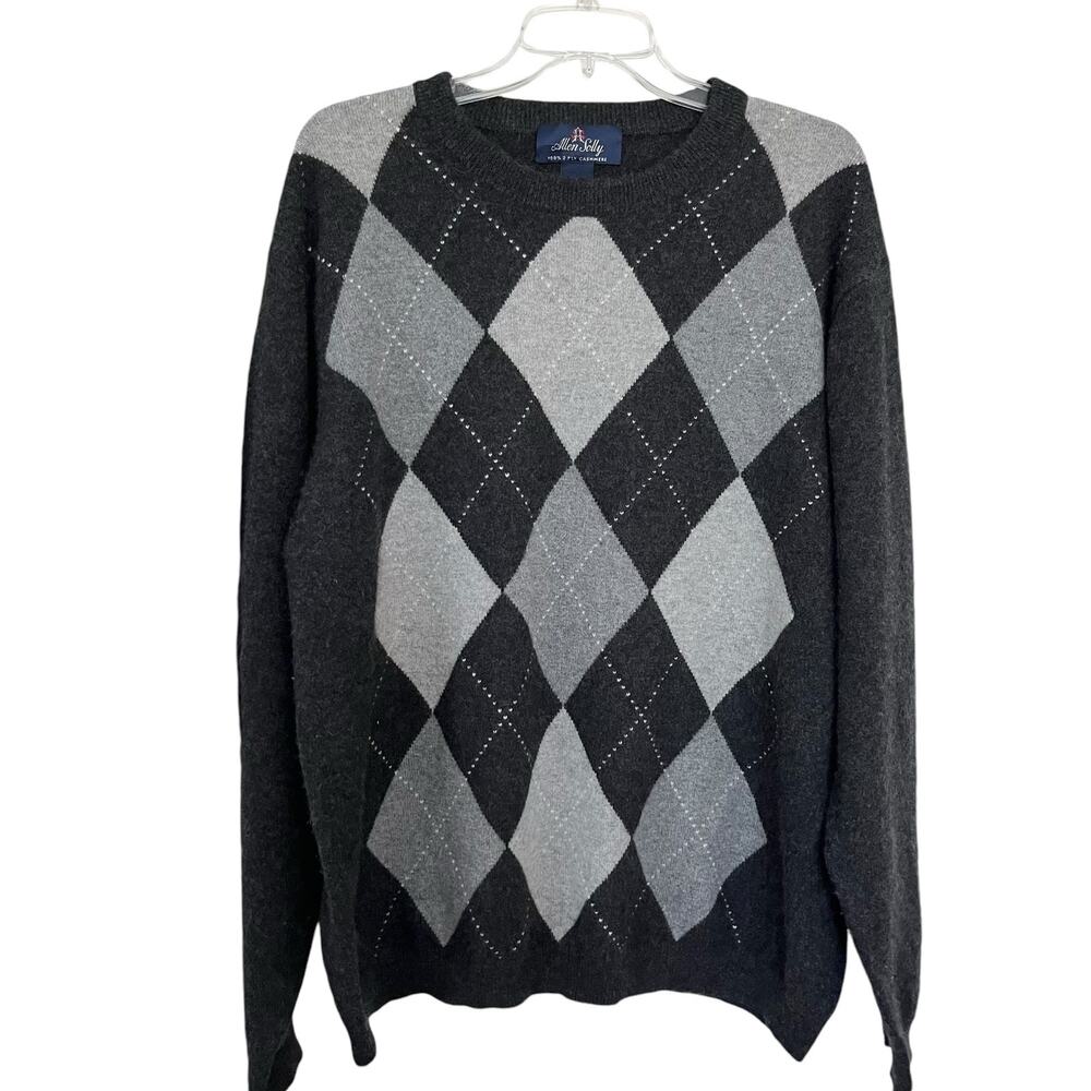 Allen Solly Black Gray Argyle 100% 2-Ply Cashmere Crewneck Pullover Sweater XL